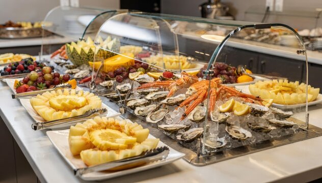 Crisp medium shot capturing a cold buffet spread with chilled seafood and fruit platters sneeze guards in place the rest of the buffet subtly blurred.