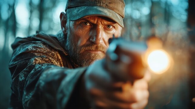 A focused man in camouflage gear aims a firearm in a forest, showcasing themes of survival, intensity, and rugged determination while revealing a tense outdoor atmosphere.