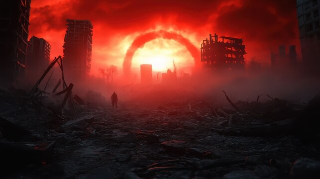 A hauntingly beautiful scene depicts a destroyed urban landscape at sunset, with rich red skies and shadows, creating an atmosphere of both despair and artistic inspiration.