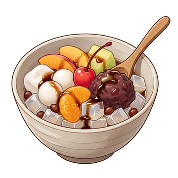 Anmitsu bowl with red bean paste, agar jelly, fruit, and dango isolated on a white background