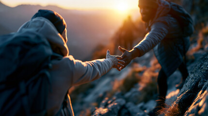 Fototapeta premium Cinematic wide back view of silhouetted hiker figures stretching hands toward each other while climbing a bright softly defocused mountain ridge at golden hour mountain climbers