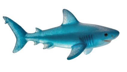 Fototapeta premium Translucent blue glass shark figurine with sharp teeth, isolated on transparent background