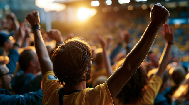 Cinematic wide back view of softly silhouetted soccer fans in soft yellow jerseys cheering at a bright softly defocused sporting event soccer fans faceless silhouettes