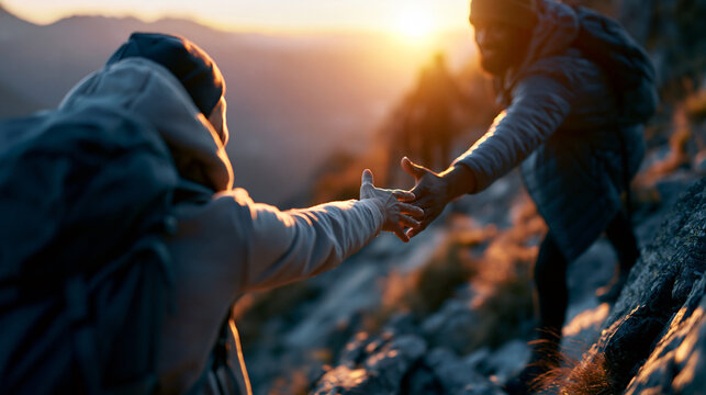 Cinematic wide back view of silhouetted hiker figures stretching hands toward each other while climbing a bright softly defocused mountain ridge at golden hour mountain climbers