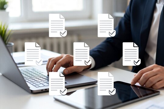 Person working on laptop with document icons