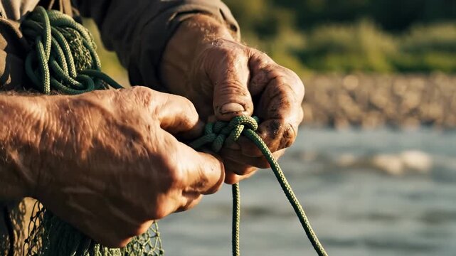 Aging Fisherfixes Tangled Fishing Net Carefully. Veteran Fisherman Meticulously Repairs Worn Fishing Net By River. Elderly Angler Skillfully Mends Frayed Fishing Net With Aged Fingers By Calm River.