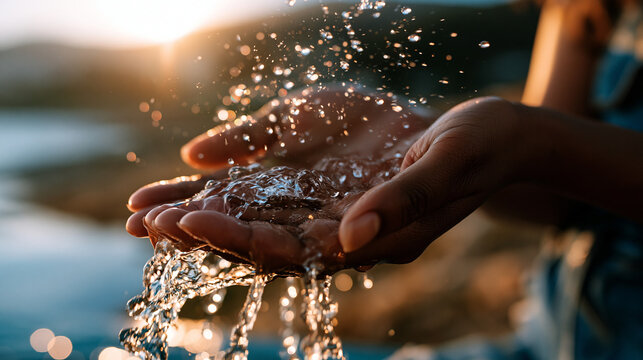 Macro close up of softly silhouetted hands gently splashing bright clean water with soft droplets in soft daylight water sustainability hand splash faceless macro soft pastel