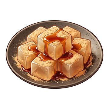 Japanese warabi mochi cubes coated in kinako soybean powder and drizzled with kuromitsu syrup on a plate