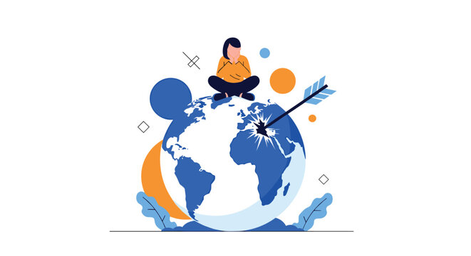 Woman sits on world globe and watches as large arrow hits target point representing global marketing and market reach.