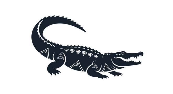 Stylized tribal crocodile graphic illustration on white background.