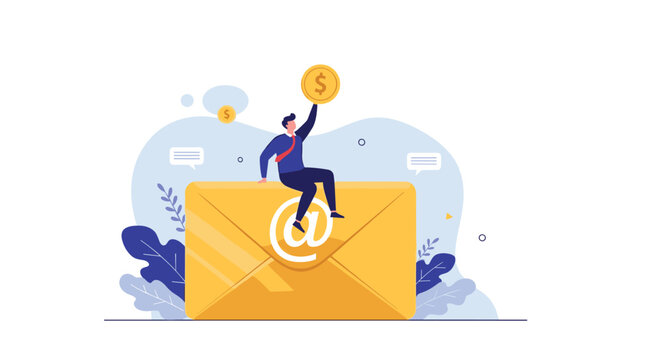 Businessman sitting on large email envelope and holding up gold coin representing profitable digital marketing and online earnings.