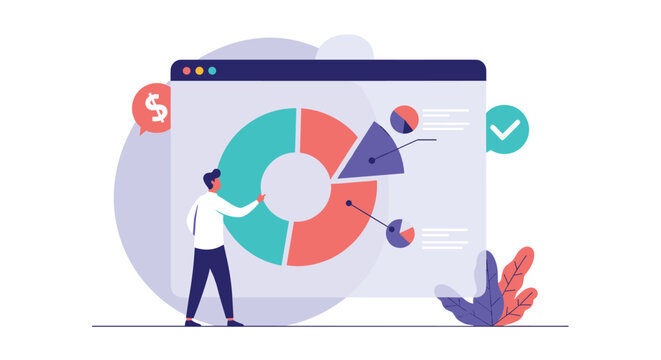 Data analyst points to a large colorful pie chart on a computer screen to explain business results and statistics.