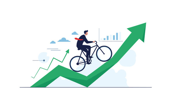 Determined cyclist rides a bicycle up a steep rising green arrow graph representing rapid business growth.