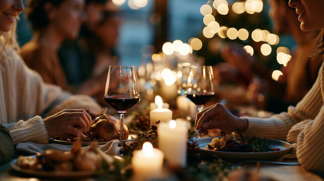 Cinematic wide view of softly silhouetted figures gathered around a bright softly defocused festive holiday dining table with soft candlelight festive dinner friend gathering
