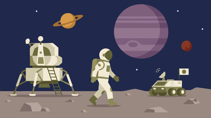 Space exploration: Astronaut, lunar lander, and rover on an alien planet © ColorAsia