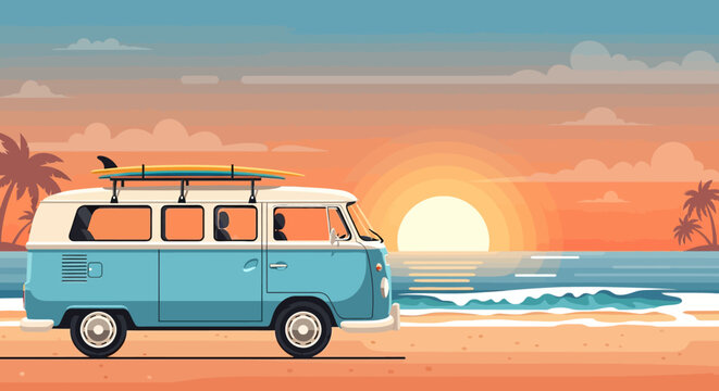 illustration of blue van with surfboard on beach at sunset