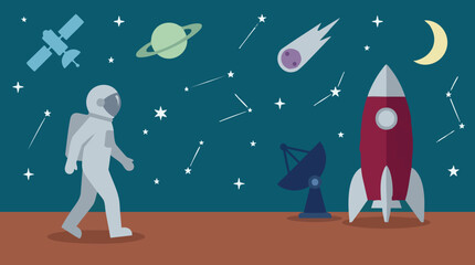 Astronaut, Rocket, and Celestial Objects in Space Illustration © ColorAsia
