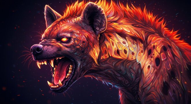 Aggressive snarling hyena with glowing fire patterns and fierce expression on dark background