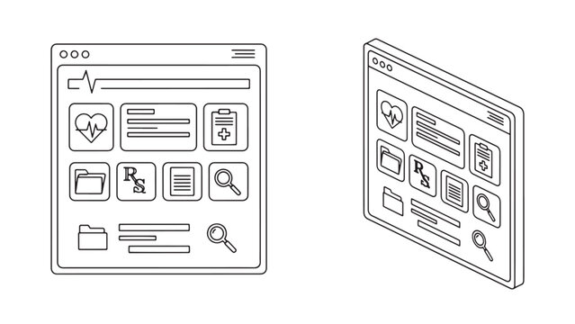 Medical web dashboard interface wireframe with health icons and search tools