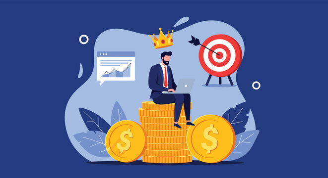 Financial king sits atop a stack of gold coins while working on a laptop towards his next business investment target.