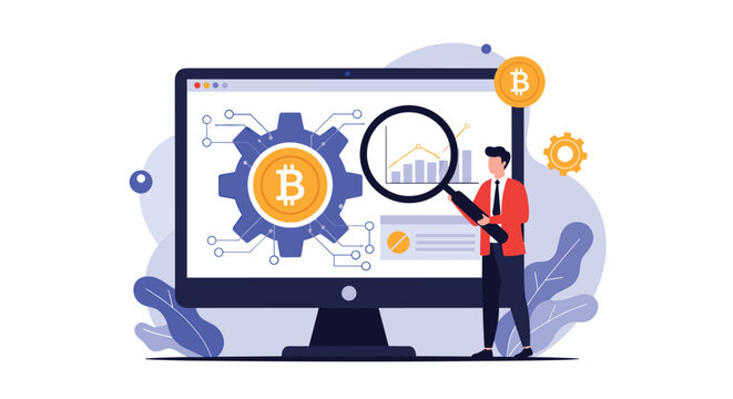 Analyst uses magnifying glass to inspect bitcoin gear and data charts on computer monitor representing thorough technical market research.