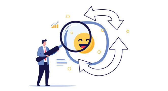 Professional examines yellow smiley face inside circular arrows using magnifying glass representing customer feedback and service loops.