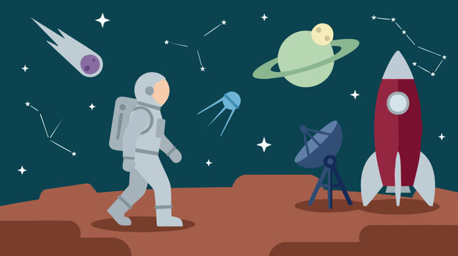Space exploration illustration with astronaut, rocket, planet, and constellations