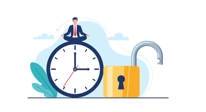 Calm businessman meditating in a lotus pose on top of a large analog clock next to an open padlock to represent effective time management skills.
