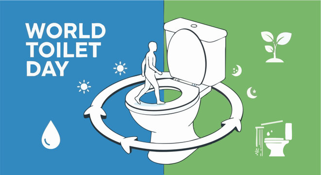 Human figure walking on toilet seat with circular arrows on split blue and green background vector illustration for World Toilet Day global sanitation campaign banner