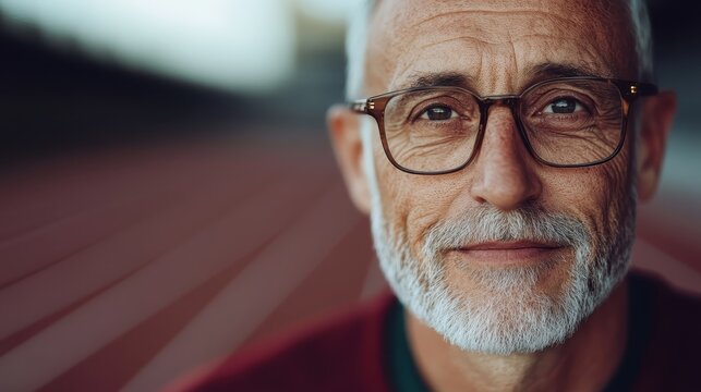 A wise and experienced senior man smiles warmly, showcasing a sense of achievement and confidence in an athletic setting with a track oval in the background.