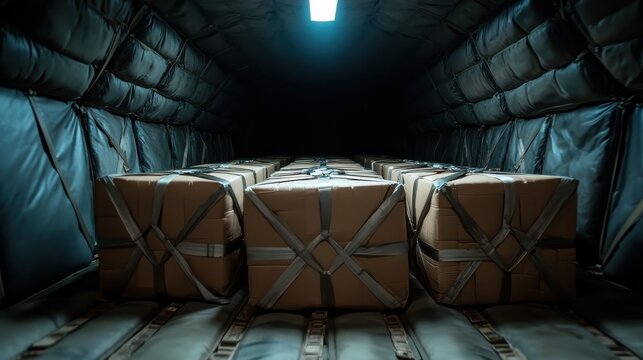 A cargo space filled with neatly stacked boxes wrapped in straps showcasing organization and structural design essential for transport and logistics.