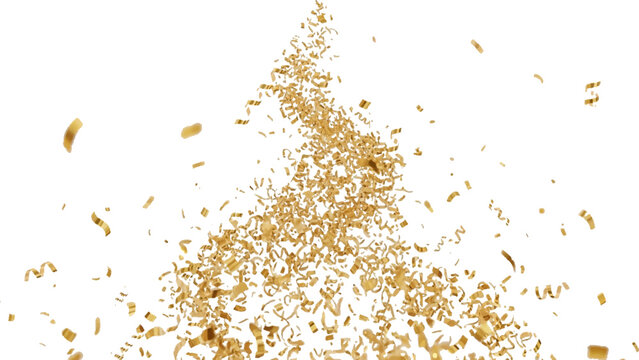 Golden confetti pieces swirling in a vertical upward vortex against a plain white background with scattered metallic paper fragments floating in the air