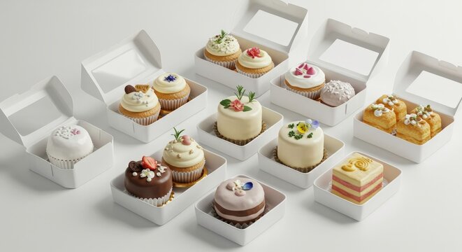 Assorted gourmet cupcakes and artisanal mini cakes in individual white takeaway boxes on a plain surface