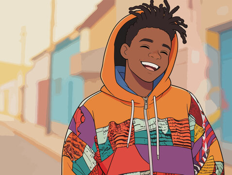 Smiling Young Black Teen Boy in Patchwork Hoodie Outdoors