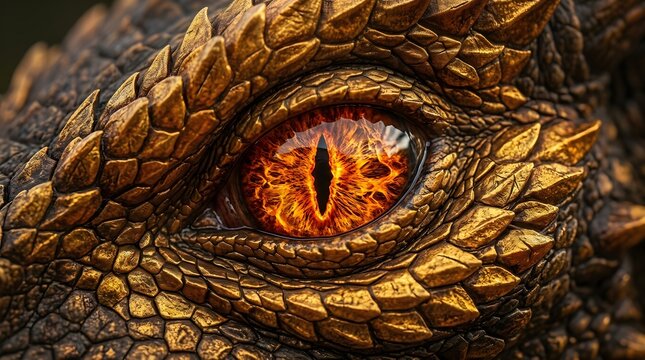 Close-up of a detailed dragon eye with fiery scales