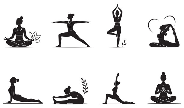 Yoga Poses Silhouettes Set Meditation and Wellness Icons