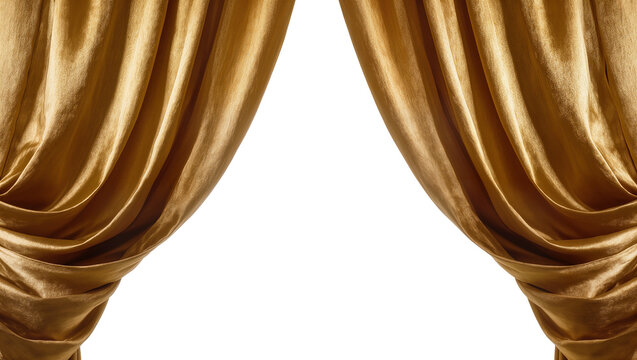 Golden velvet curtains parted to reveal black space, isolated on transparent background