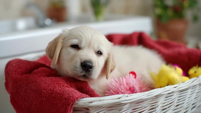 Adorable Golden Retriever Puppy Sleeping on Cozy Basket with Plush Toys