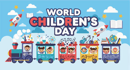 Fototapeta premium Diverse Kids Riding Toy Train Filled with School Supplies celebrating World Children's Day in Bright Playful Colors Flat Vector Illustration for social media and Classroom Educational Poster Design