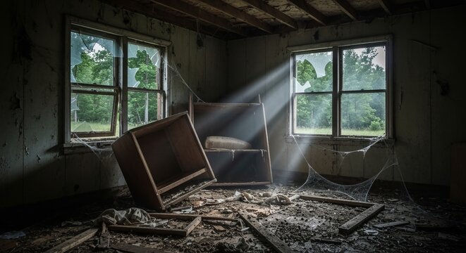 Interior of a Decrepit House with Cracked Windows, Dusty Sunlight, and an Empty Cupboard.