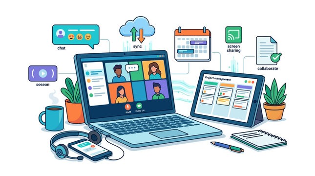 Remote work online meeting setup with laptop and tablet