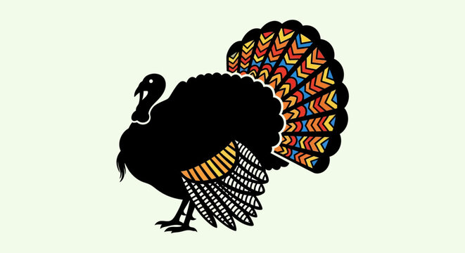 Stylized Illustration of a Turkey with Colorful Patterned Feathers.