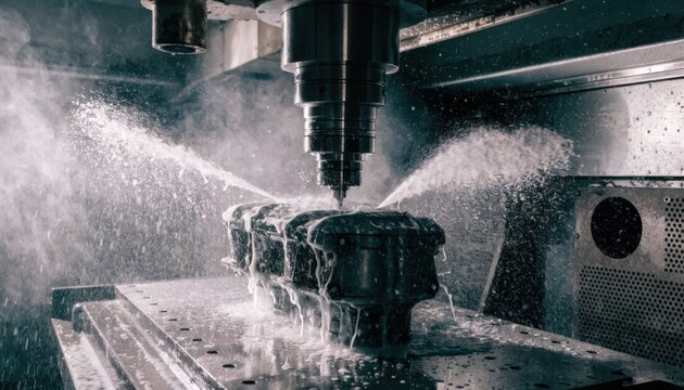 Medium shot capturing coolant flood in action as a computercontrolled CNC mill machines metal casings highlighting fluid cooling and chip removal during the milling process.