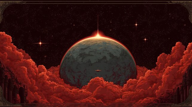 Majestic red clouds swirling around a detailed Earth-like planet with glowing horizon, framed for tarot decks, mythical storybooks, horror fantasy adventure, Artemis stranger mystery.