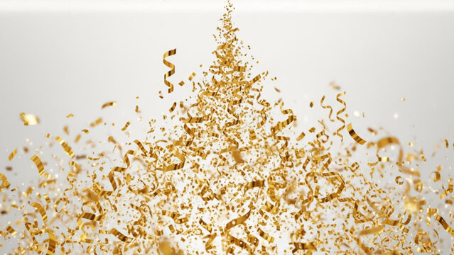 Golden confetti ribbons exploding upwards in a triangular formation against a plain white background with blurred edges and scattered metallic particles reflecting light in a festive celebration scene