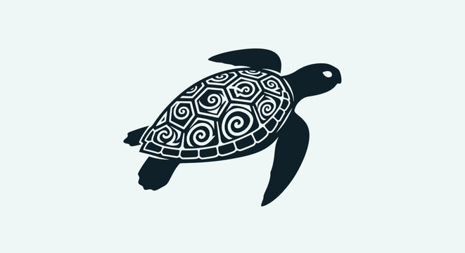 Stylized graphic illustration of a swimming sea turtle with spiral shell patterns.