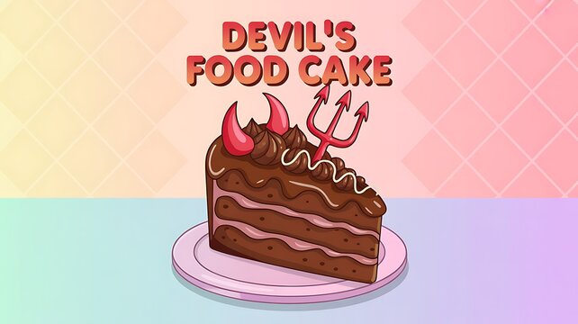 Slice of devil's food cake with horns and trident layer cake whipped cream chocolate confectionery refreshment