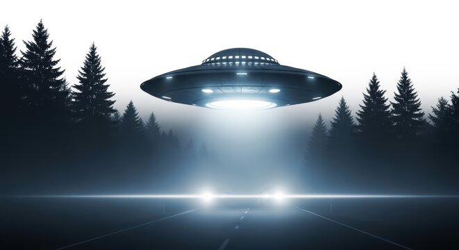 Ufo flying saucer hovering over road in dark foggy forest at night.