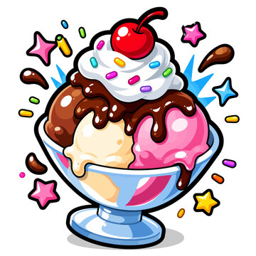 A colorful Game Icon illustration of a sundae with ice cream, toppings, and a cherry on top in a bowl surrounded by stars, and bold cartoon outline for dessert or reward asset use.