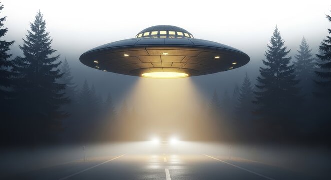 UFO hovering over road in foggy forest with car headlights illuminated.